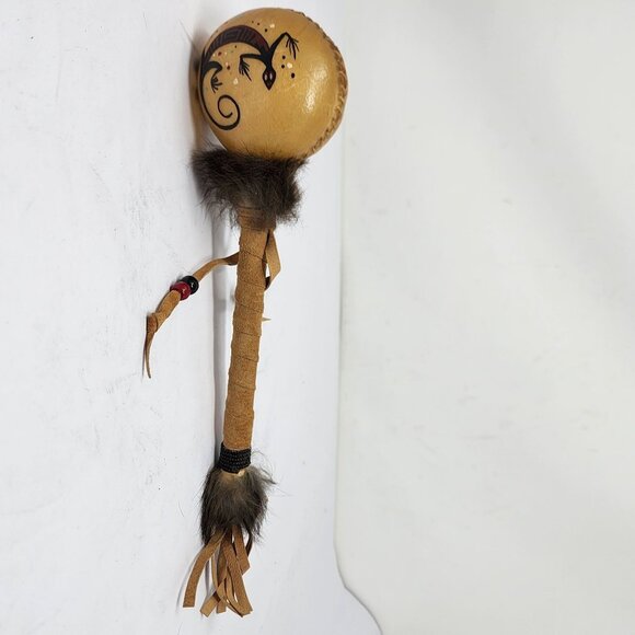 Native American Rawhide Leather Rattle Hand Painted Salamander Design Art - Picture 2 of 5